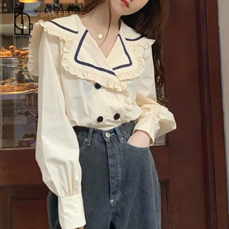 Shirts Women Vintage Patchwork Lantern Sleeve Sailor Collar European Style College Double Breasted Loose Casual Large Size | Женская