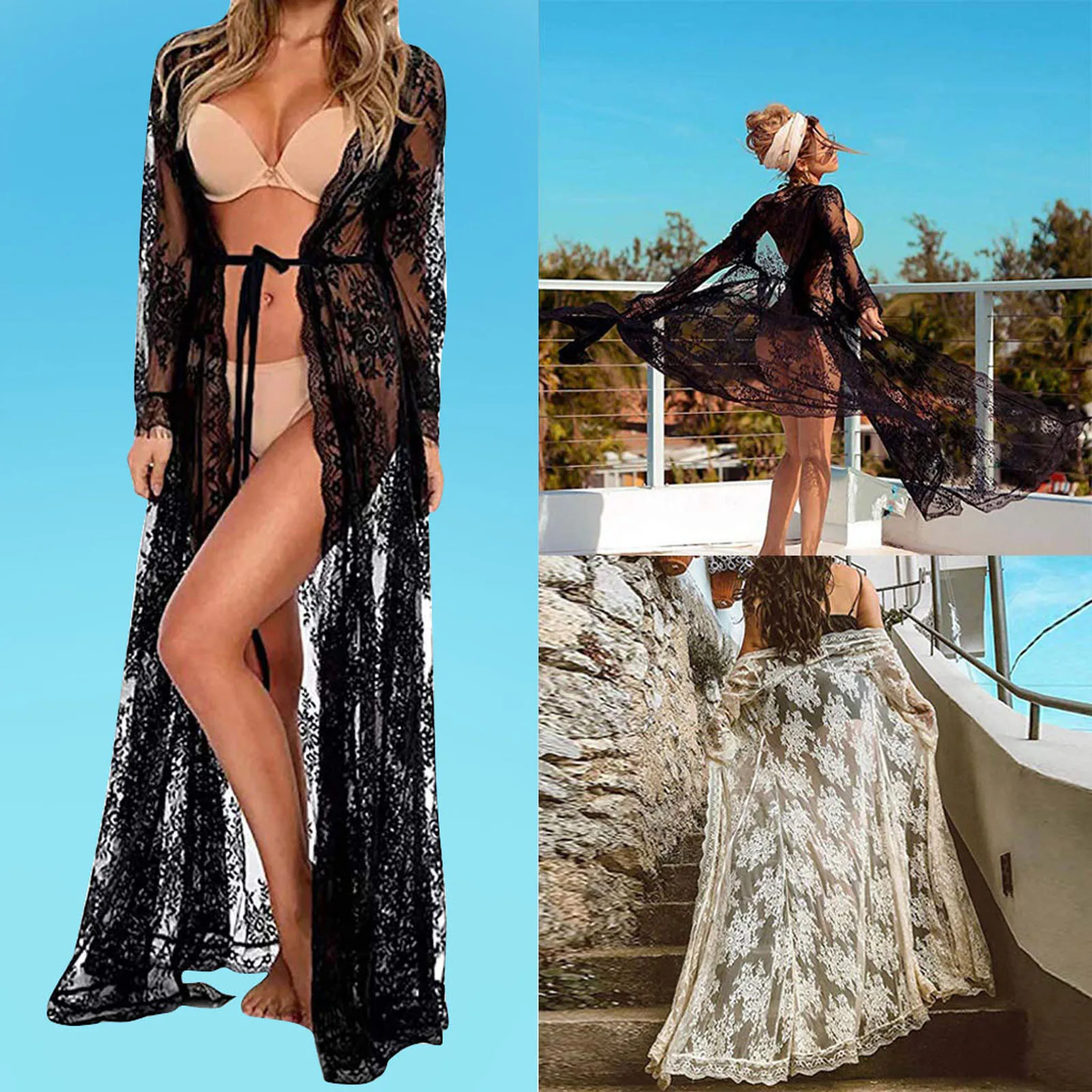

Nightwear Pijamas Femmes Women Women Sexy Long Dress Ladies Sheer Gown Lingerie Cardigan Lace Nightwear