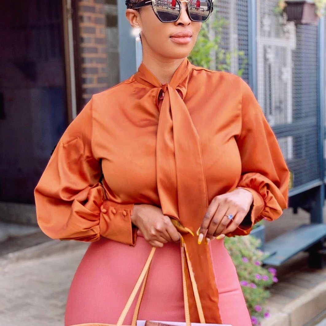 

African Ladies Blouses Brown Long Sleeve Plain Bow Elegant Work Tops Business Office Official Fashion Blouses Tops Big Size Hot