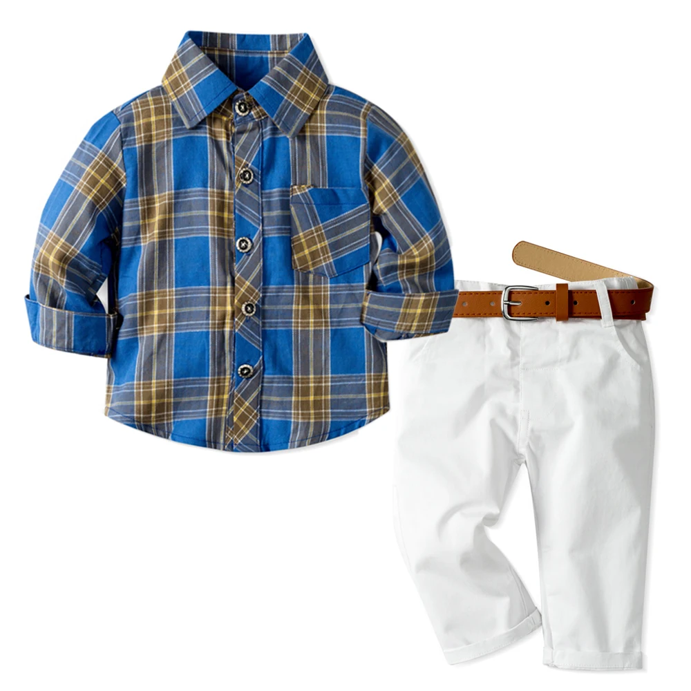 

Spring Autumn Toddler Set Kids Clothes for Baby Boy Outfit Cotton Fashion Plaid Top White Pants with Belt Suit 1 2 3 4 5 6 Years