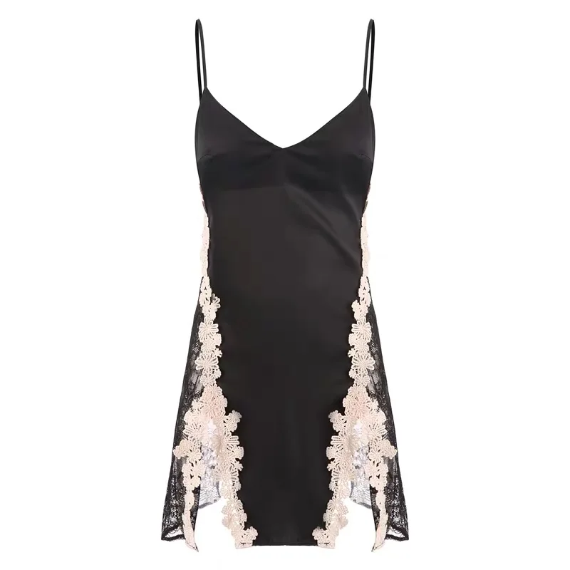 

Women Sleep Wear Sexy Lace Silk Pajama Dress Summer Embroidery Hollow Out Nightdress Silky Gown Sexy Lingerie Mini Dress