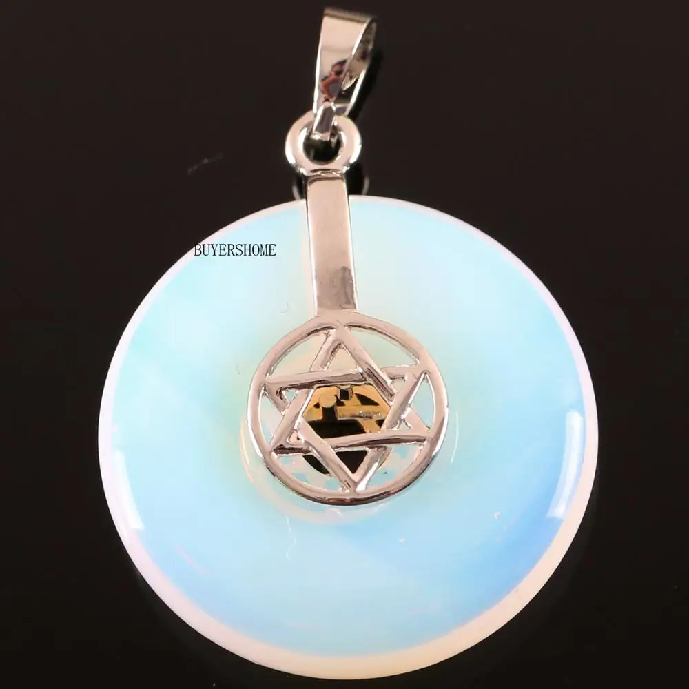 Silver Color Women Necklace Pendant Natural Gem Stone 30MM Round Bead White Opal Heptagram Star 1Pcs K758 | Украшения и
