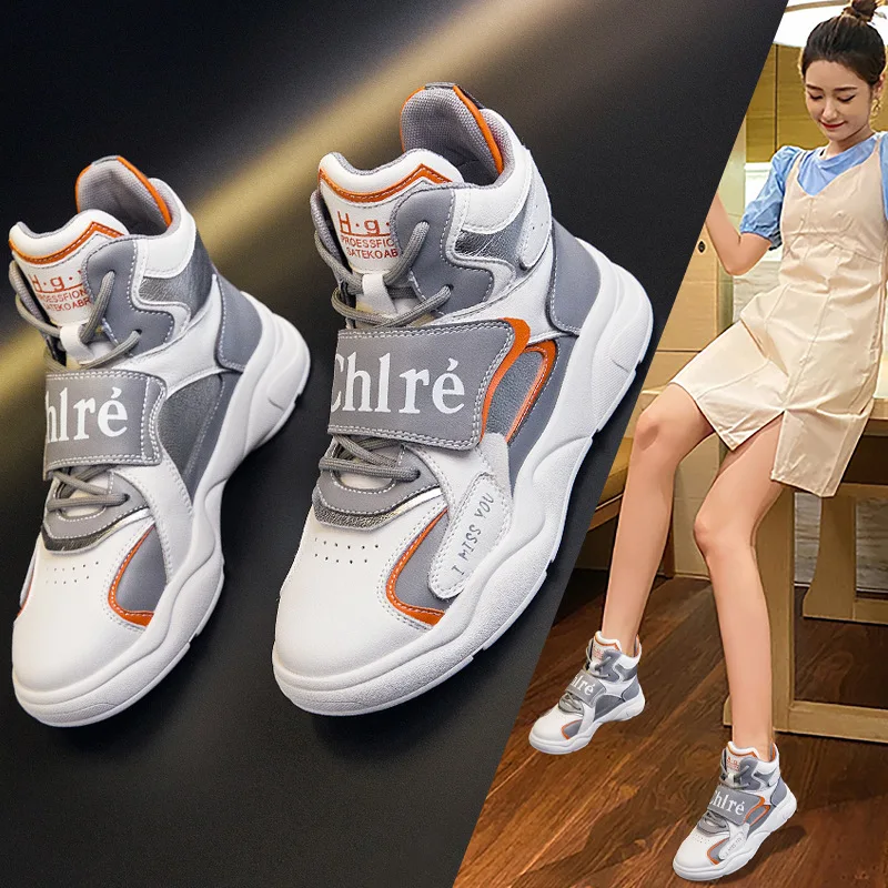 

Женские спортивные туфли с высоким верхом, Новинка осени 2021, кожаные туфли на толстой подошве, повседневные студенческие модные белые туфли