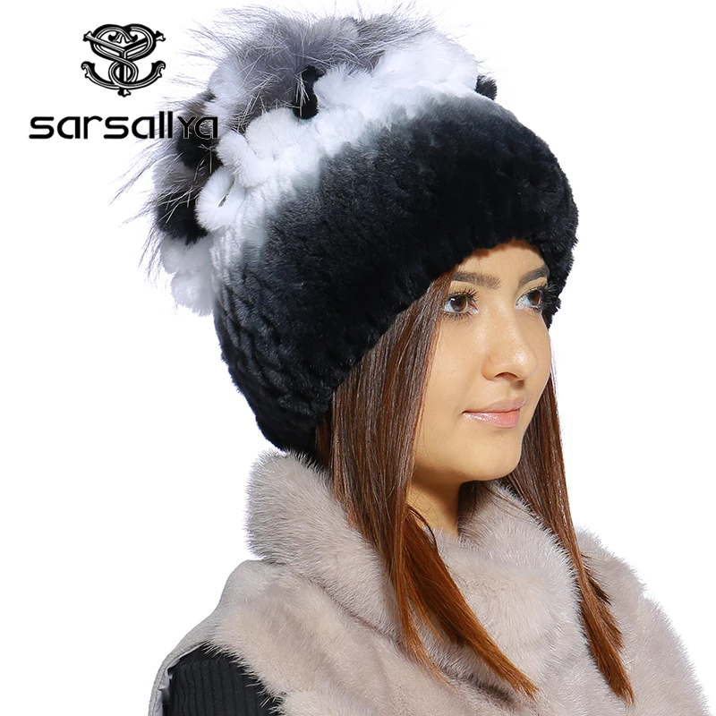 SARSALLYA Зимой меховая шапка для женщин реального рекс кролика с silver fox меховой