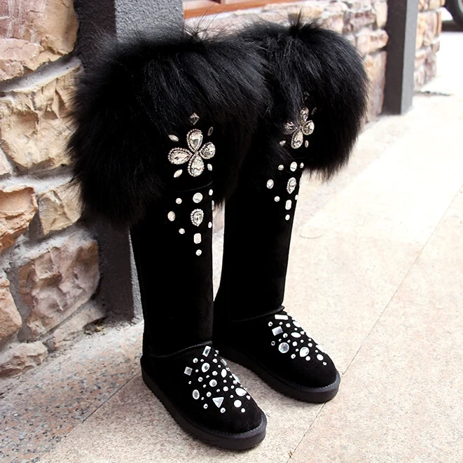 Зимние сапоги из лисьего меха 2019 зимние ручной работы с крупными драгоценными
