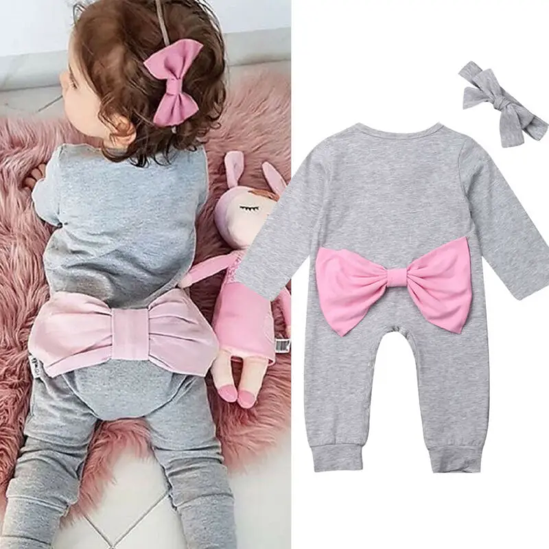 

CANIS Newborn Kid Baby Girl Clothes 2019 Autumn Long Sleeve O Neck Solid Color Bowknot Romper Jumpsuit Outfit