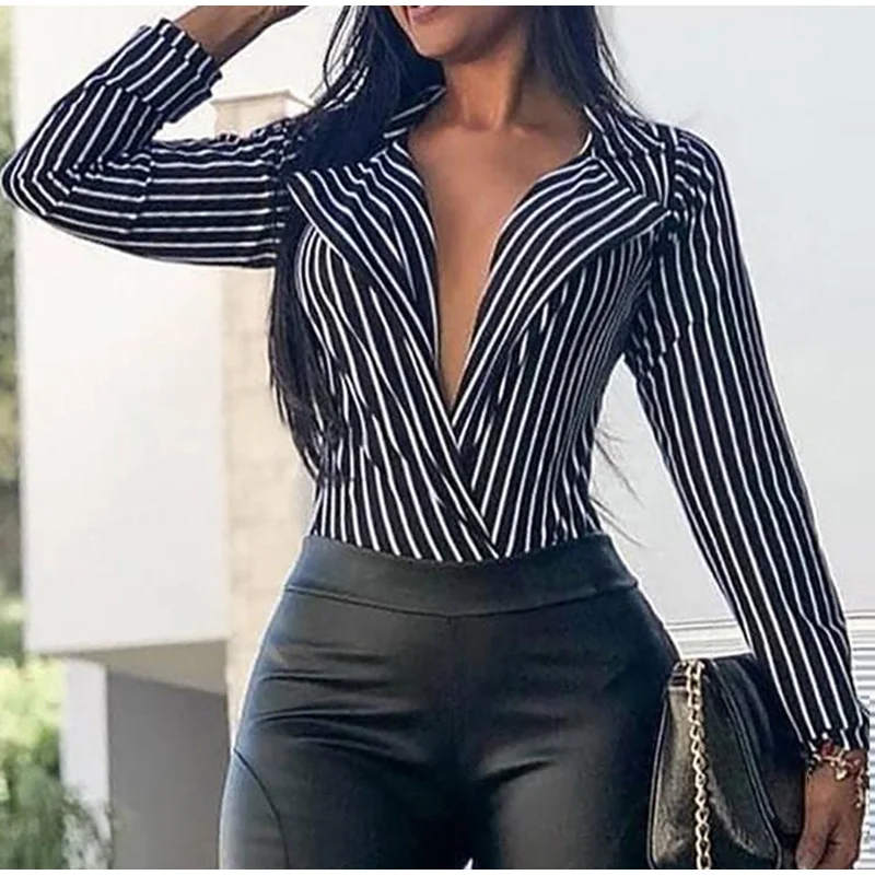 

С длинным рукавом сексуальное нижнее белье с глубоким v-образным вырезом в полоску женские блузки весна Офисные женские туфли, отложной вор...