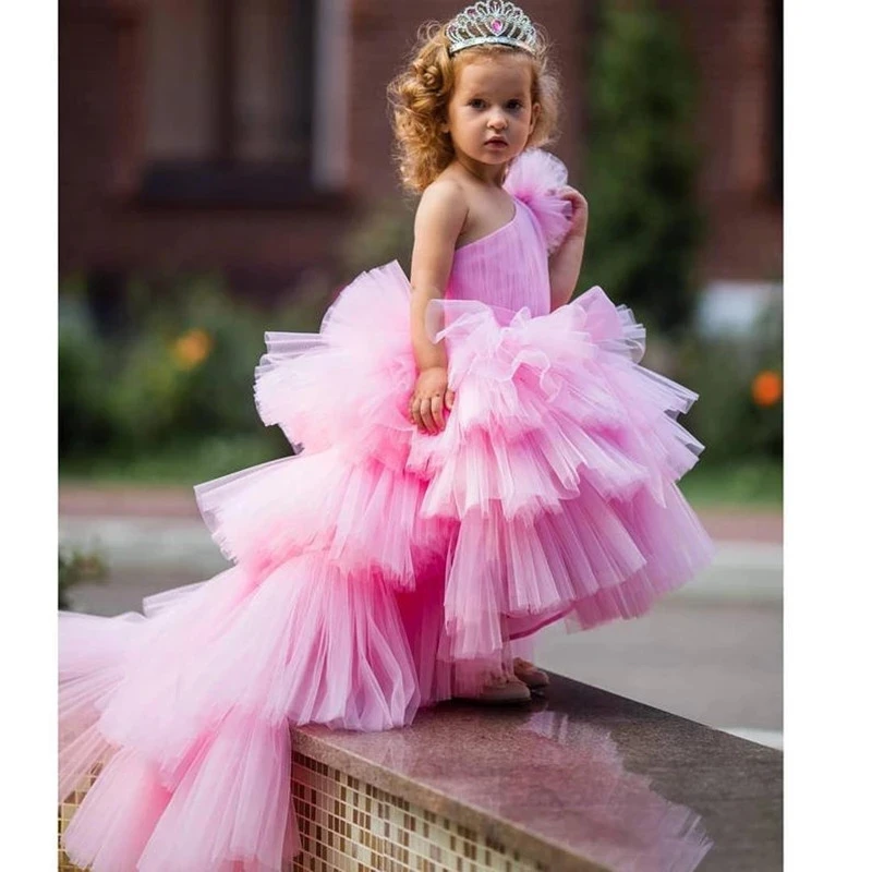 

Pink Tiered One Shoulder Princess Flower Girl Dresses Birthday Pageant Robe De Demoiselle First Communion Colorful