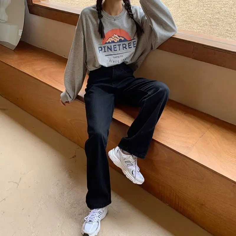 Autumn New Denim Back Women Jeans High Waist Loose Straight Pants Casual Female black Trousers Large Size Mom Long Pants