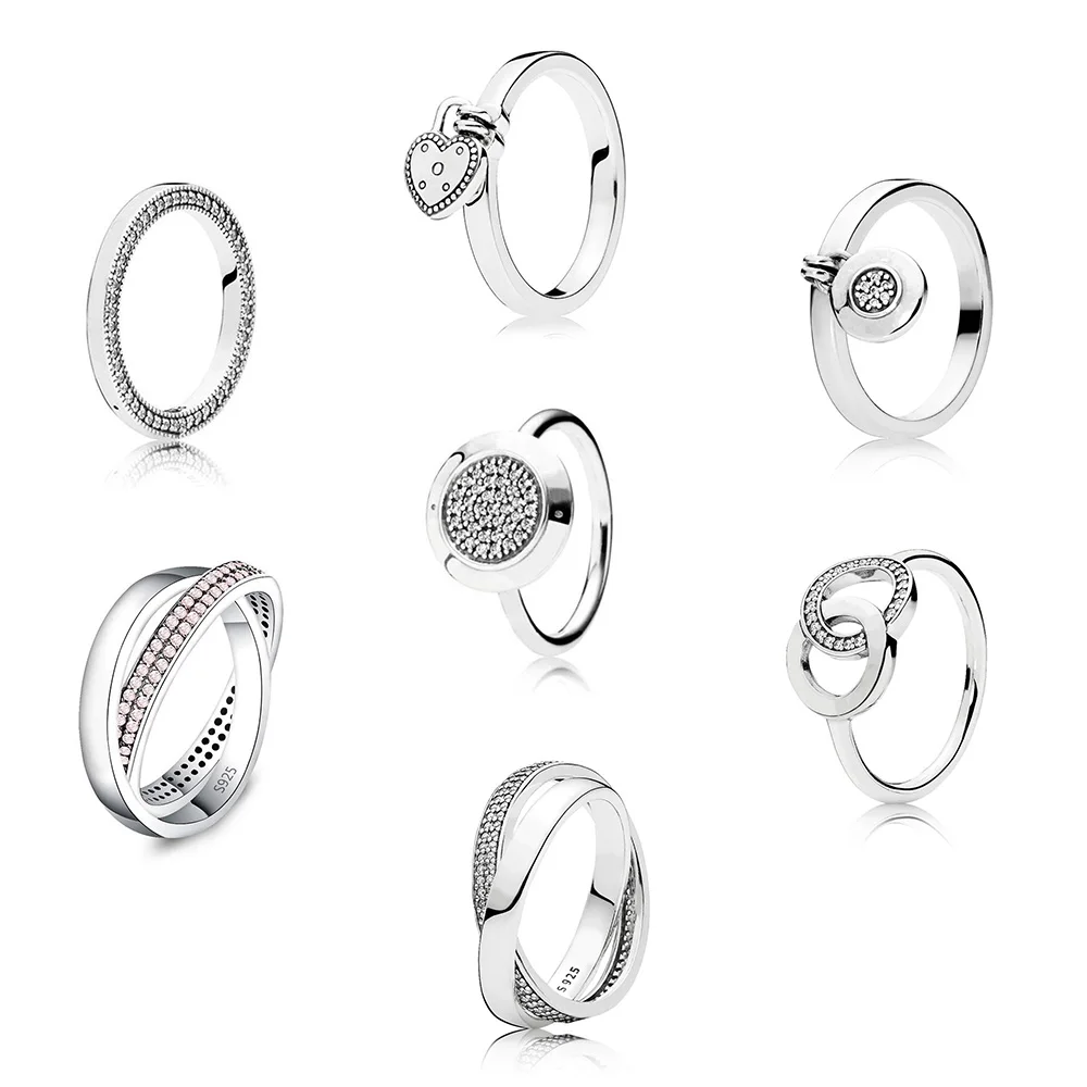 

925 Sterling Silver Ring Charms Pink Crystal Cz Round Shape Heart With Big Finger Ring For Women Wedding Party Jewelry