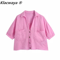 klacwaya women fashion candy color double pockets loose linen smock blouse lady buttons short shirt chic kimono blusas tops