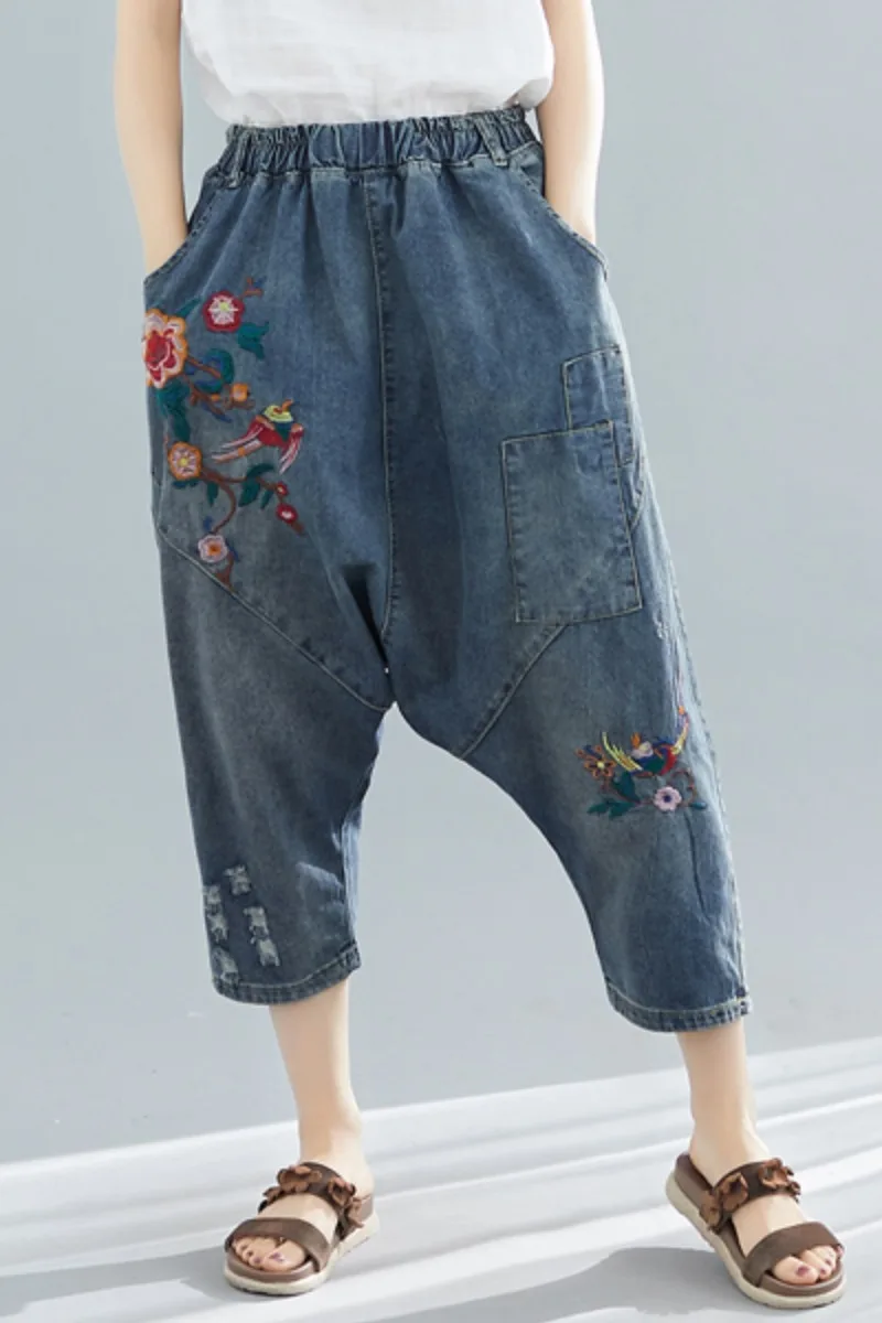 

Women Baggy Denim Cross Pants Fashion Street Style Hip Hop Embroidery Casual Vintage Patchwork Elastic Waist Thin Hole Jeans