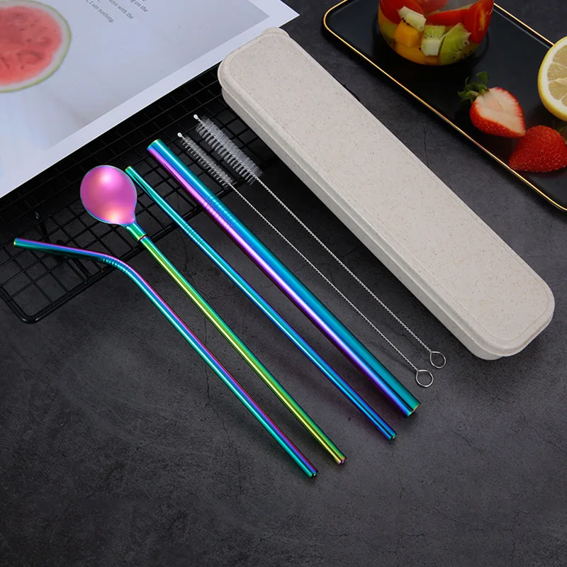 Multicolor 7 шт/лот соломинки ложка трубочка для коктейля Питьевая соломенная сумка с очистителем 304 из нержавеющей стали, многоразовый солома - Цвет: Multicolor