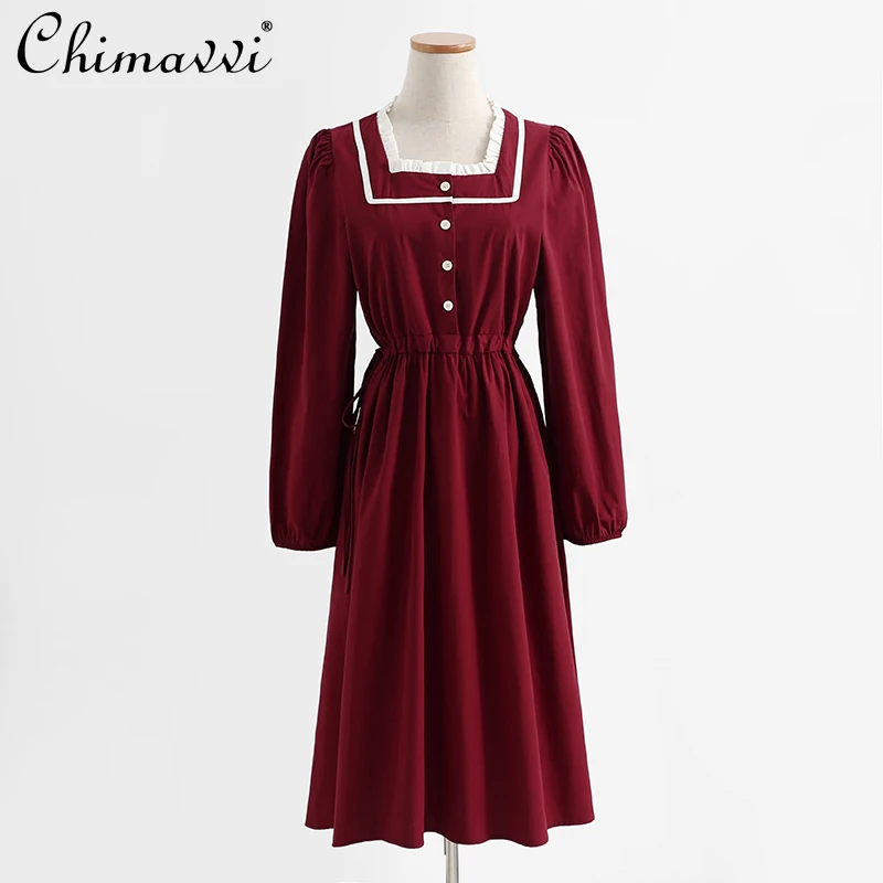 

Women Autumn 2021 Retro Long Sleeve Dress College Style Waist Slimming Red Dress Female High Waist Bottoming Dress