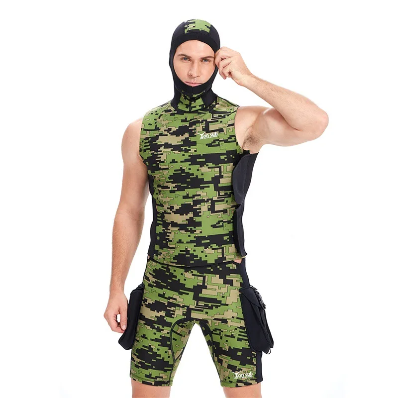 

Yon Sub 2mm neoprene camouflage wetsuit diving suit hooded vest + diving shorts Snorkeling Surfing Scuba spearfishing Swimsuit