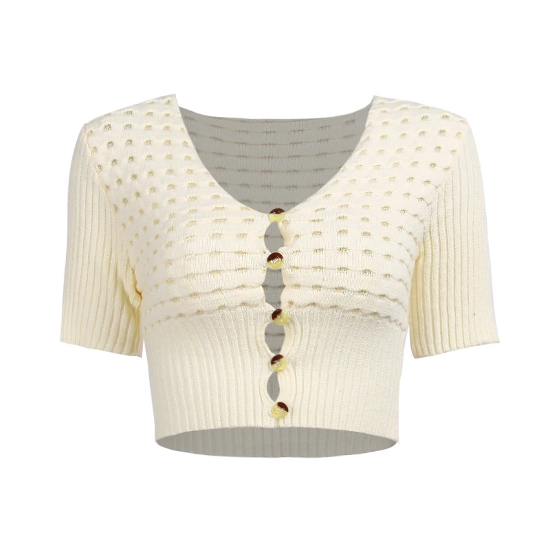 

WannaThis Hollow Out Cropped Top For Woman Knitted Short Sleeve V-Neck Minimalist Casual Button White Women Summer 2021 New Tee