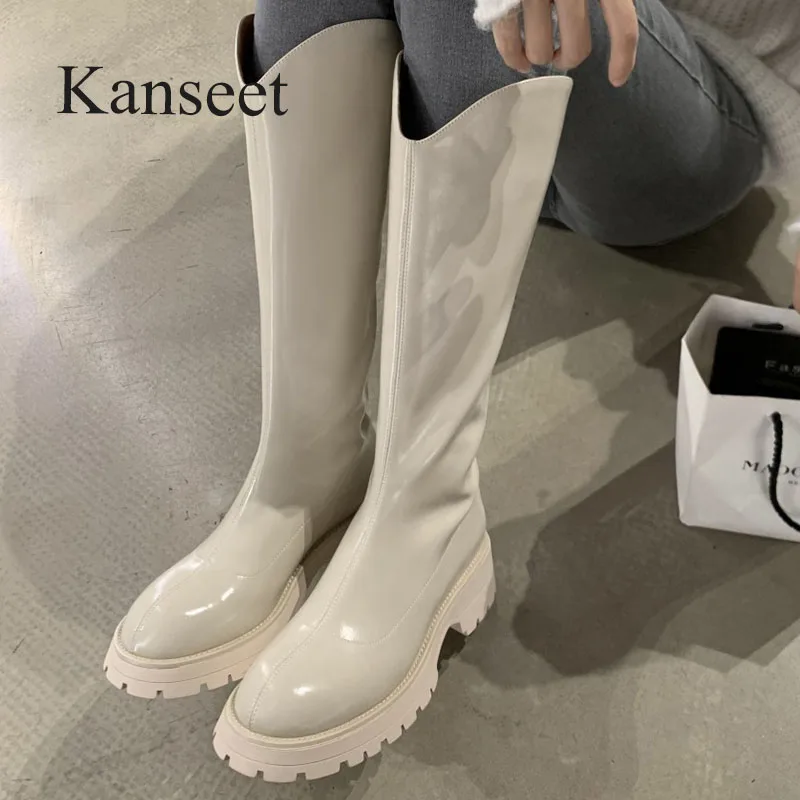 

Kanseet New Western Boots 2021 Autumn Winter Women Knee-High Boots Round Toe Genuine Leather Handmade Chunky Heels Ladies Shoes