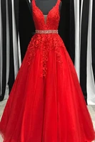 elegant red women evening dresses sexy v neck lace appliques beaded sash vestido longo pageant lady party dress floor length