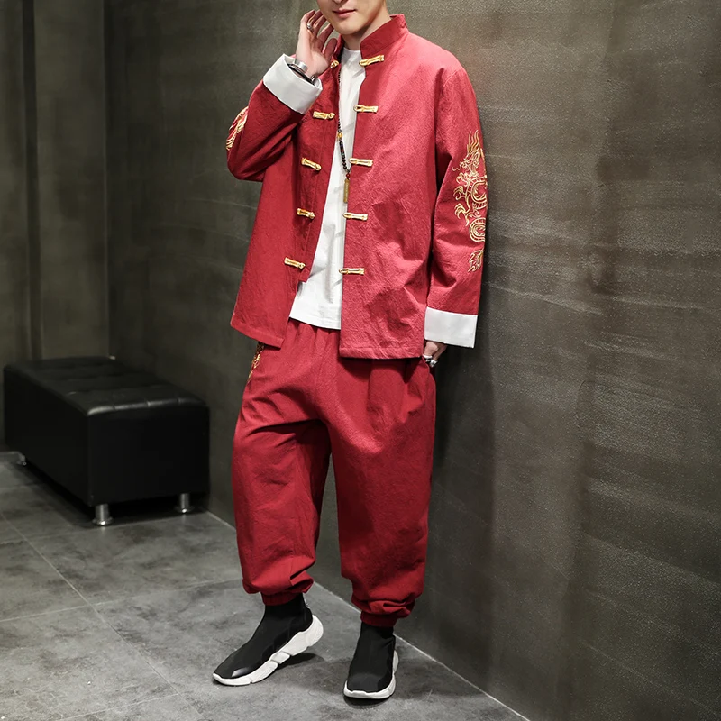 

2021 Vintage Cotton Streetwear Long Sleeve Shirt & Ankle Length Pants Chinese Style Men Sets Dragon Embroried Casual Mens Suits