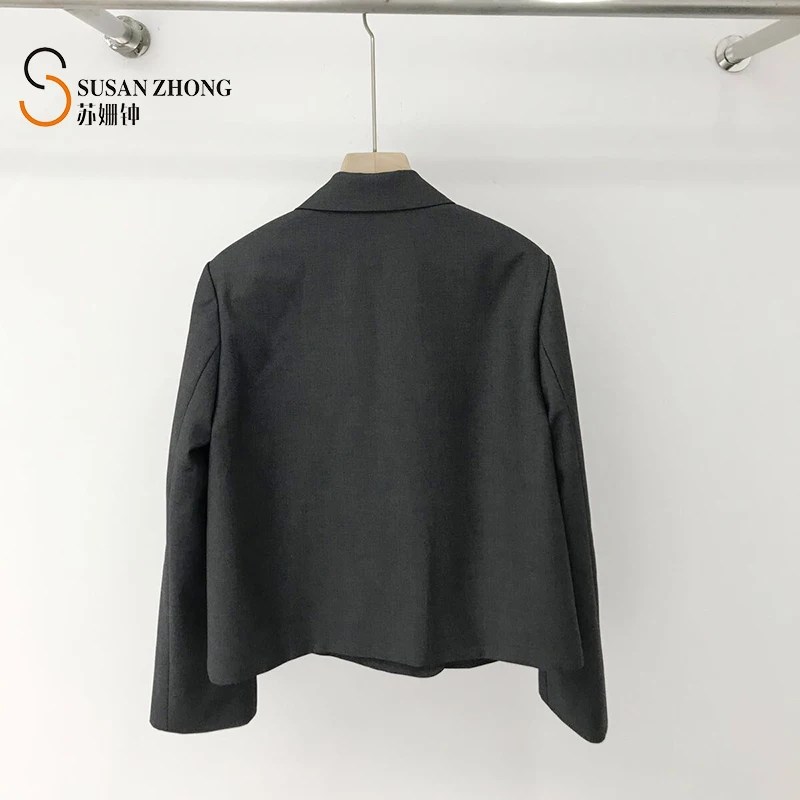 

Women Coat Female Blazer Suit Short Blazer Notched Collar Fake Pocket With Lining Delicate Tailored Stiff Fabric