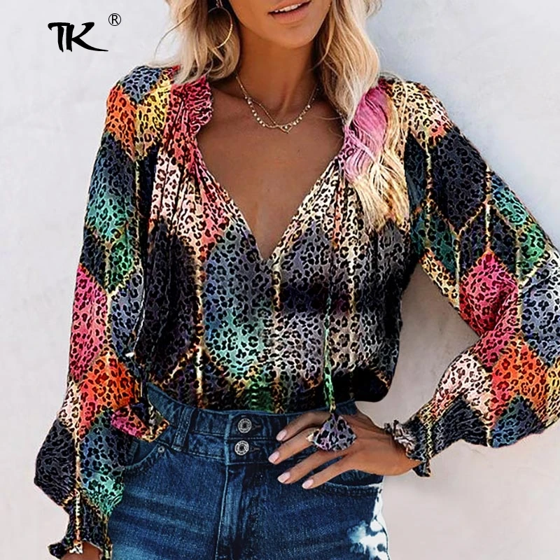 

Casual Beach Style Women's Blouse Camouflage Print Long Lantern Sleeve V-Neck Thin Loose Lady Pullover Shirt 2021 Holiday Summer