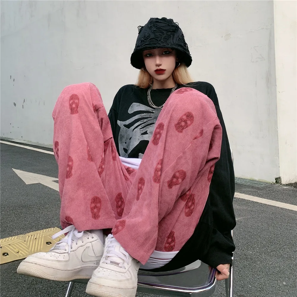 

Corduroy printed trousers womens Korean version 2021 retro ins casual pants student loose sports pants retro streetwear womens
