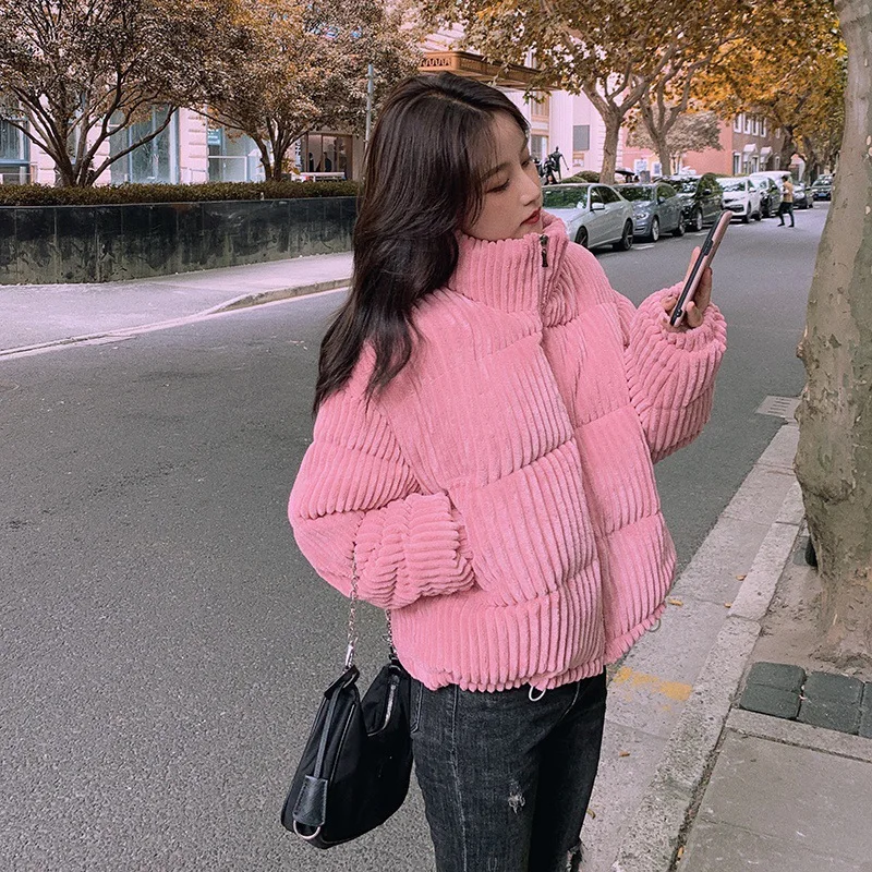 Zipper Loose Corduroy Padded Jacket Casual Simple Solid Stand Collar Coat Women Long Sleeve Thicken Jacket Winter New Fashion