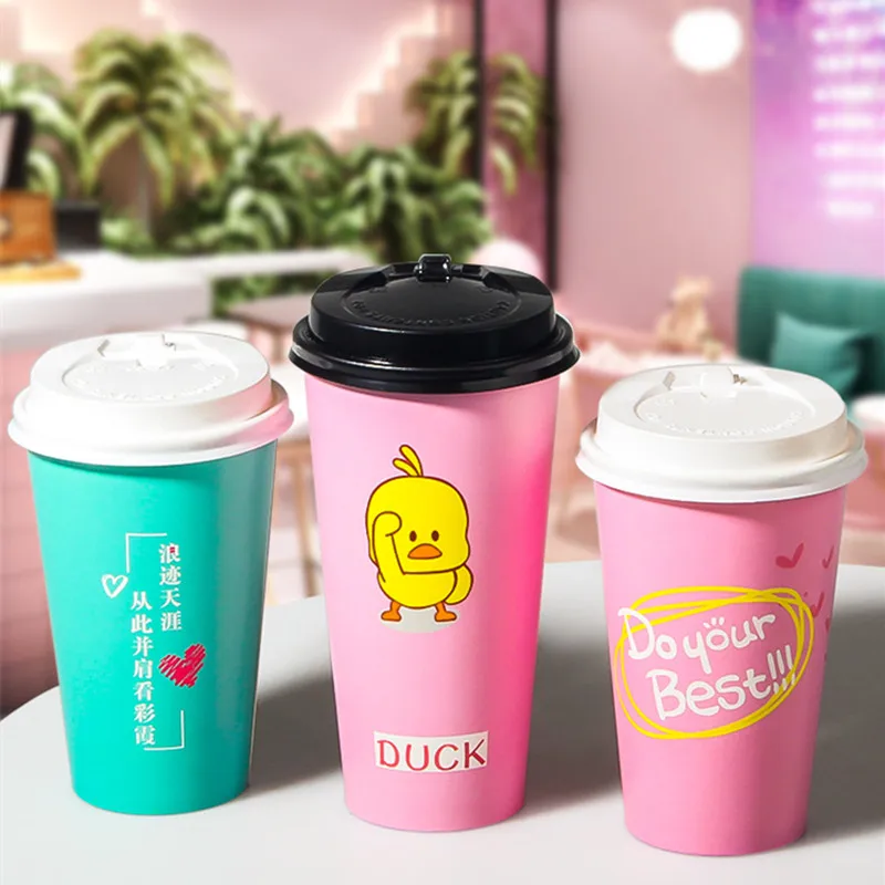 

50pcs PInk disposable coffee cup cartoon cute milk tea paper cups child birthday party favor cold hot drink juice soy fruit cup