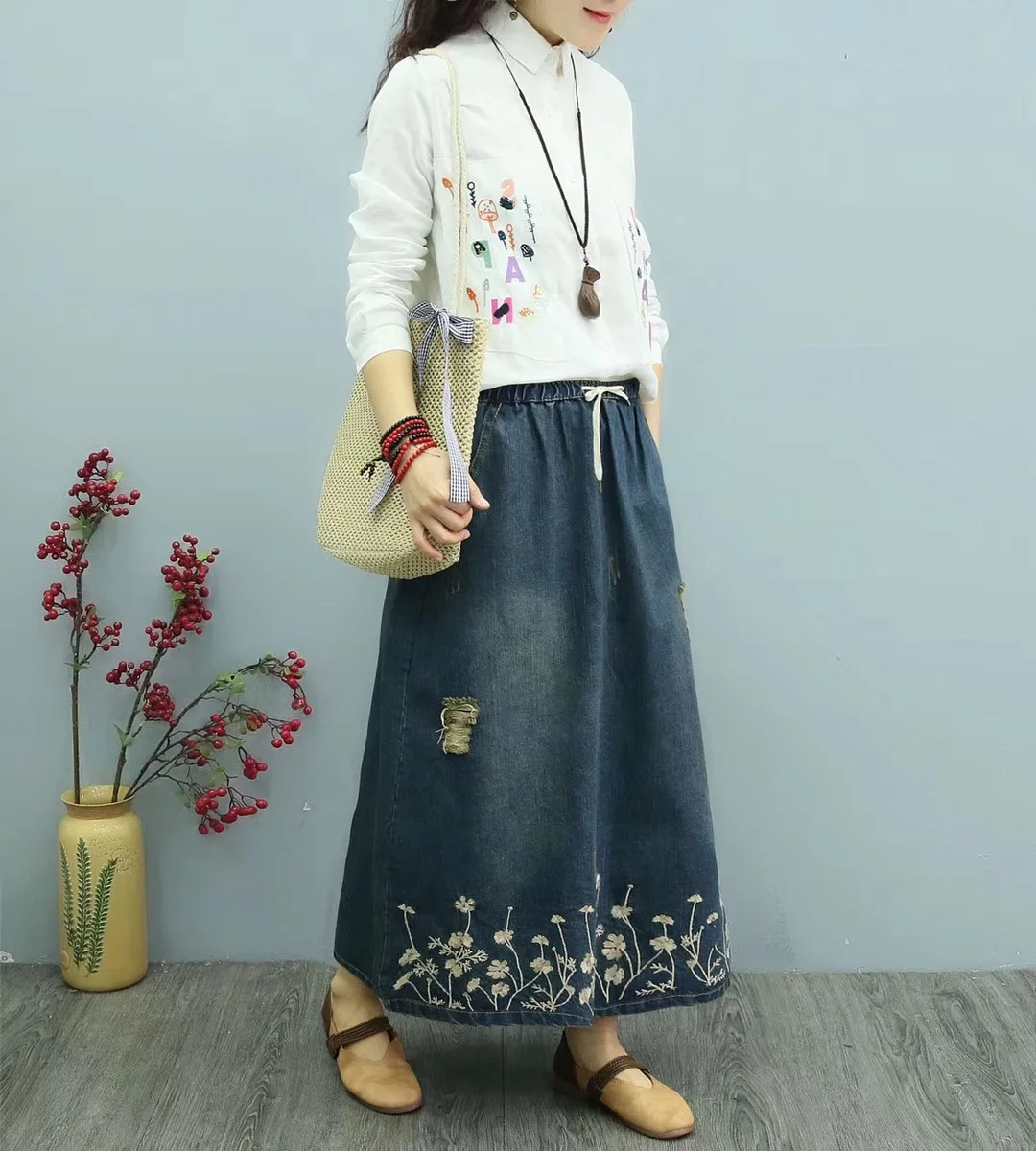 Женская джинсовая юбка с цветочной вышивкой свободная Повседневная Длинная