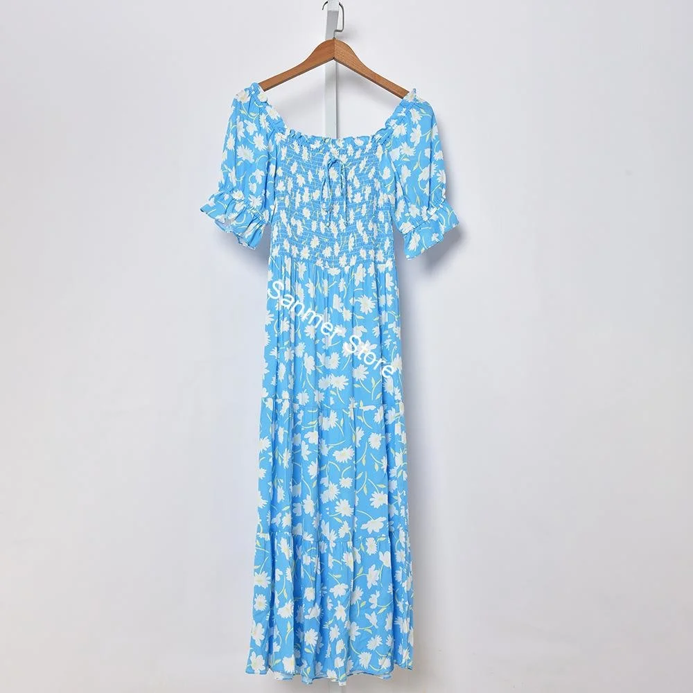 

Women Mid-Calf Dress Square Collar Backless Ruffles Puff Sleeve Lace-up Female Casual Dresses