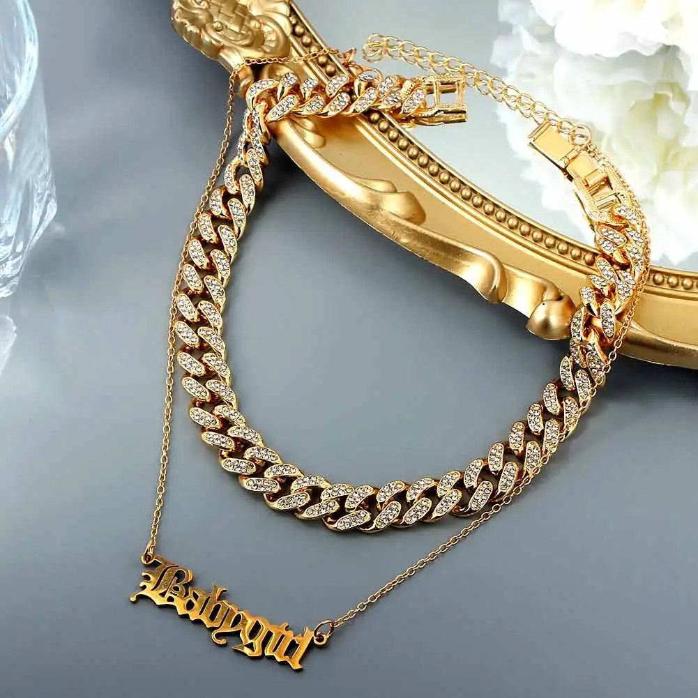 

The New Trend Crystal Cross Pendant Cuban Chain Collar Necklace For Women Multilayer Chunky Rhinestone Choker Necklace Jewelry