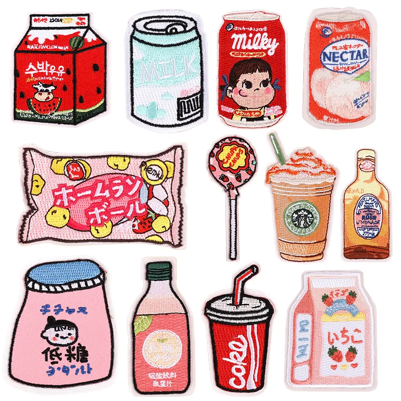 

(18 styles can be selected) Cartoon convenience store embroidery patch, iron color stripe applique on T-shirt, clothing sticker.