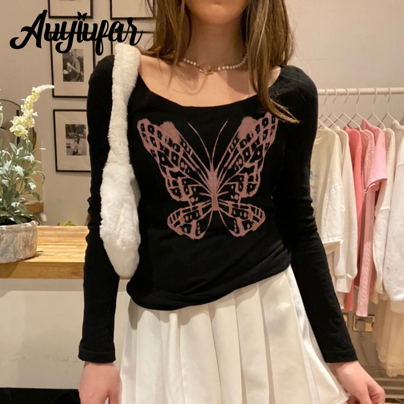 

Auyiufar Black Grunge Fairycore Long Sleeve Top Butterfly Print Vintage Casual Y2K Aesthetic Tees Elfcore Women Autumn T Shirts