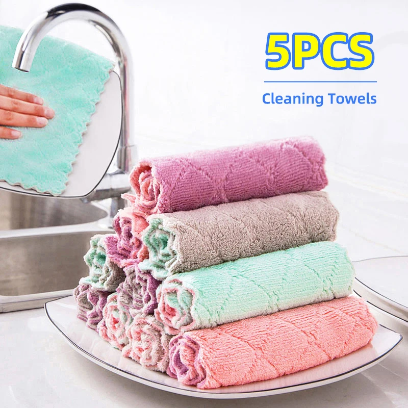 

Obelix 5pcs Super Absorbent Microfiber Kitchen Dish Cloth Non-Stick Oil Dish Towel Rags Tableware Household Cleaning Towels