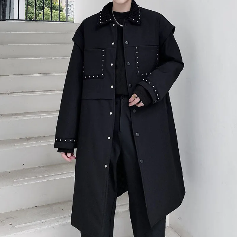 

Winter Thicken Trenchcoat Men Rivet Cotton Padded Long Coat Outerwear Male Streetwear Fashion Casual Black Warm Jacket Overcoat