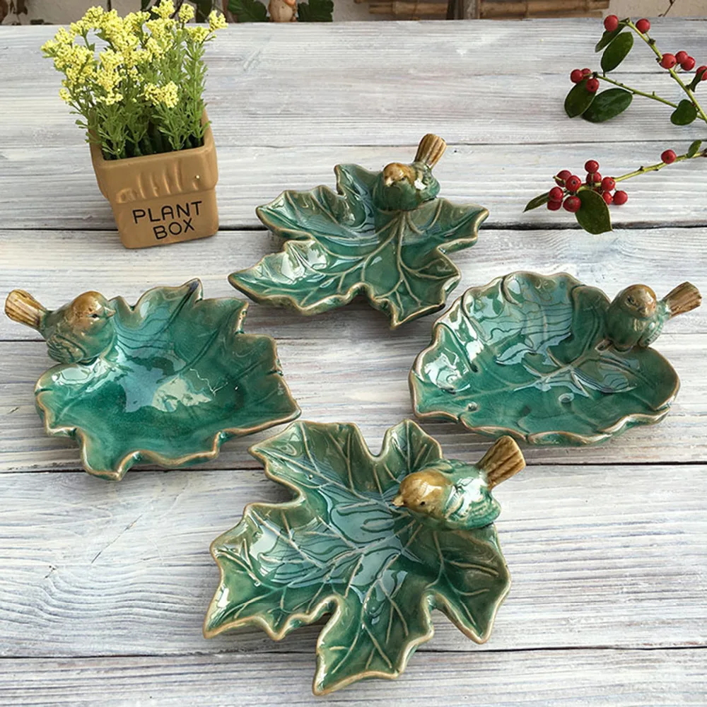 Пепельница с зелеными керамическими листьями домашний декор для стола птичья на
