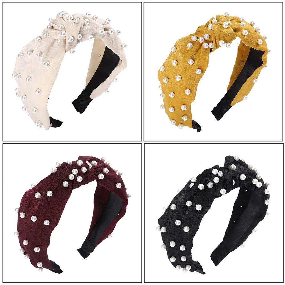 Женский бархатный ободок с жемчужинами Molans черный искусственным жемчугом 4 см