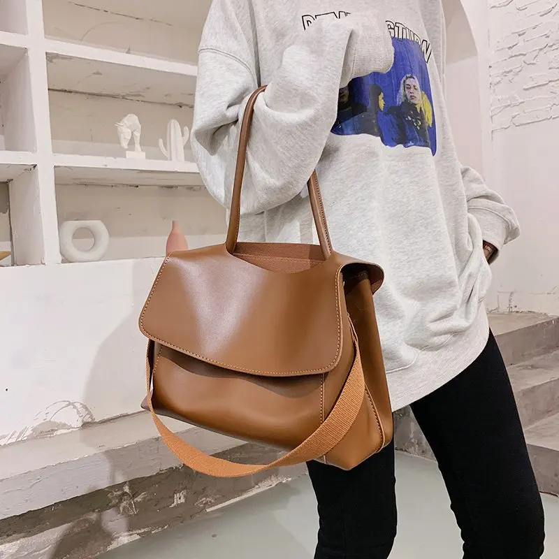 

Women Soft PU Leather Tote Bag 2020 Autumn Winter Lady Large Capacity Briefcase Female Fashion Simple Nylon Strap Shoulder Bag