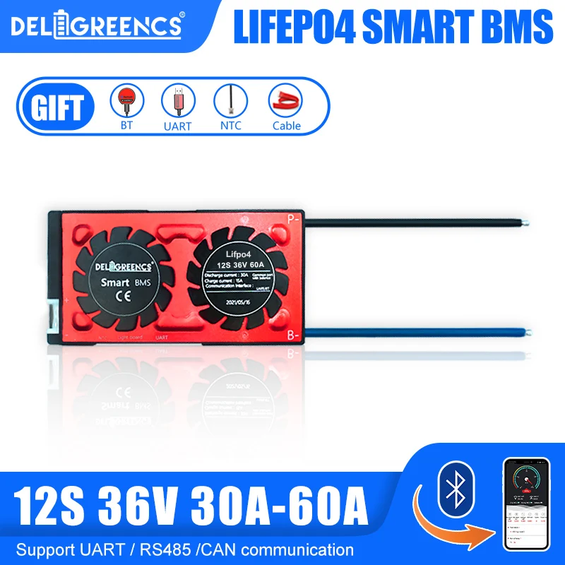 

3.2V smart BMS 12S 36V LiFePO4 30A 40A 60A common port Bluetooth APP 485 to USB device CAN UART LiFePO4 Batteries