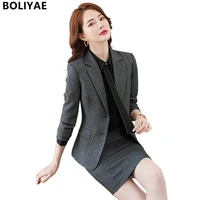 boliyae autumn winter women black blazers and skirt 2 piece suits elegant jacket coat business formal professional trouser sets