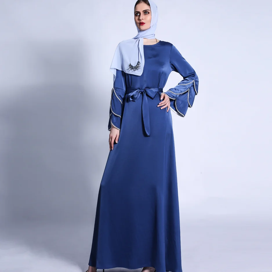 2021 мусульманские Матовый платье-рыбий хвост три рукава яркими бусами и с надписью Big Swing мусульманское платье Корейский стиль моды для женщи...