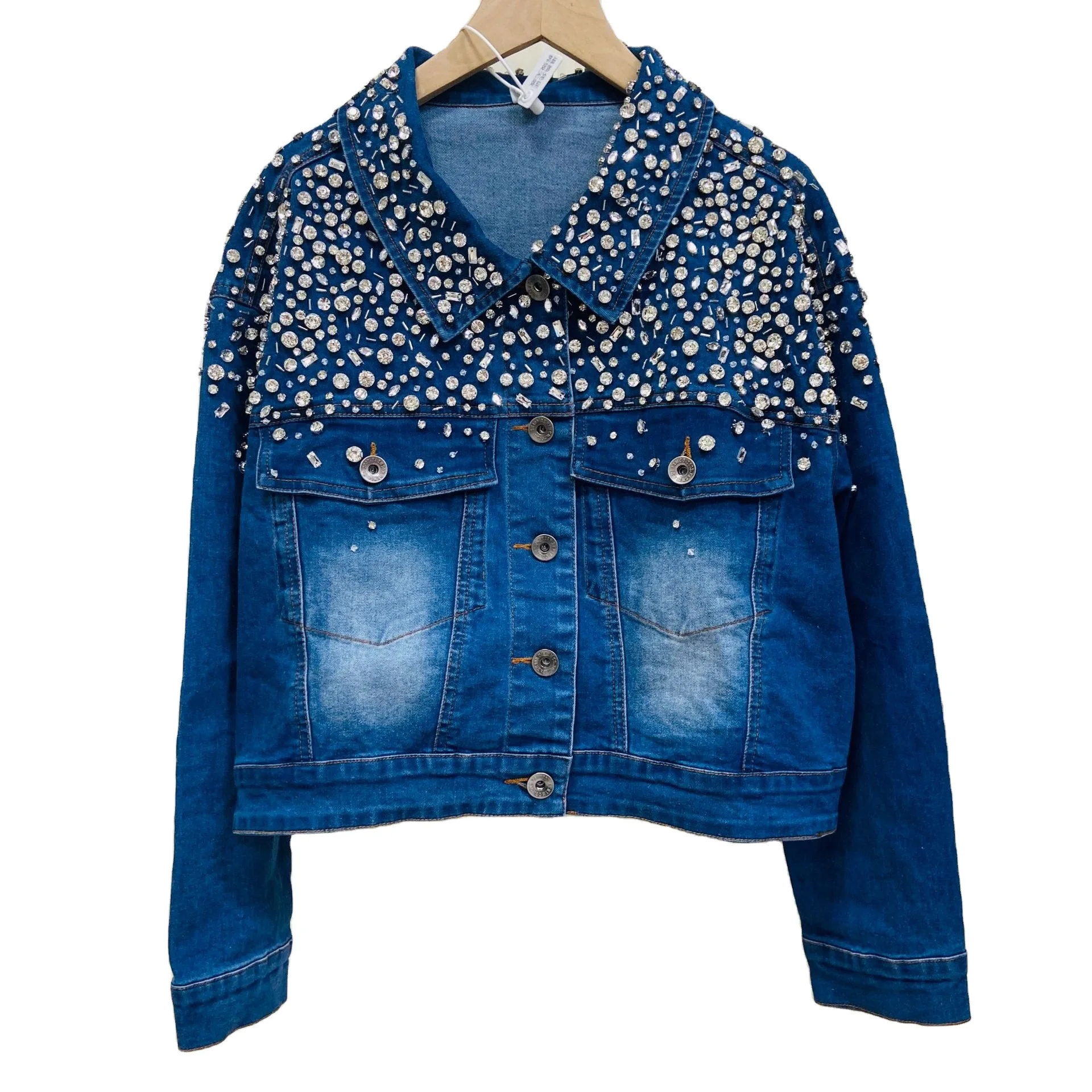 

rhinestone denim jacket for Women Rhinestone Paillette Woman Coats Blaser Vintage Water-Wash Casual Lady Jeans Cardigan