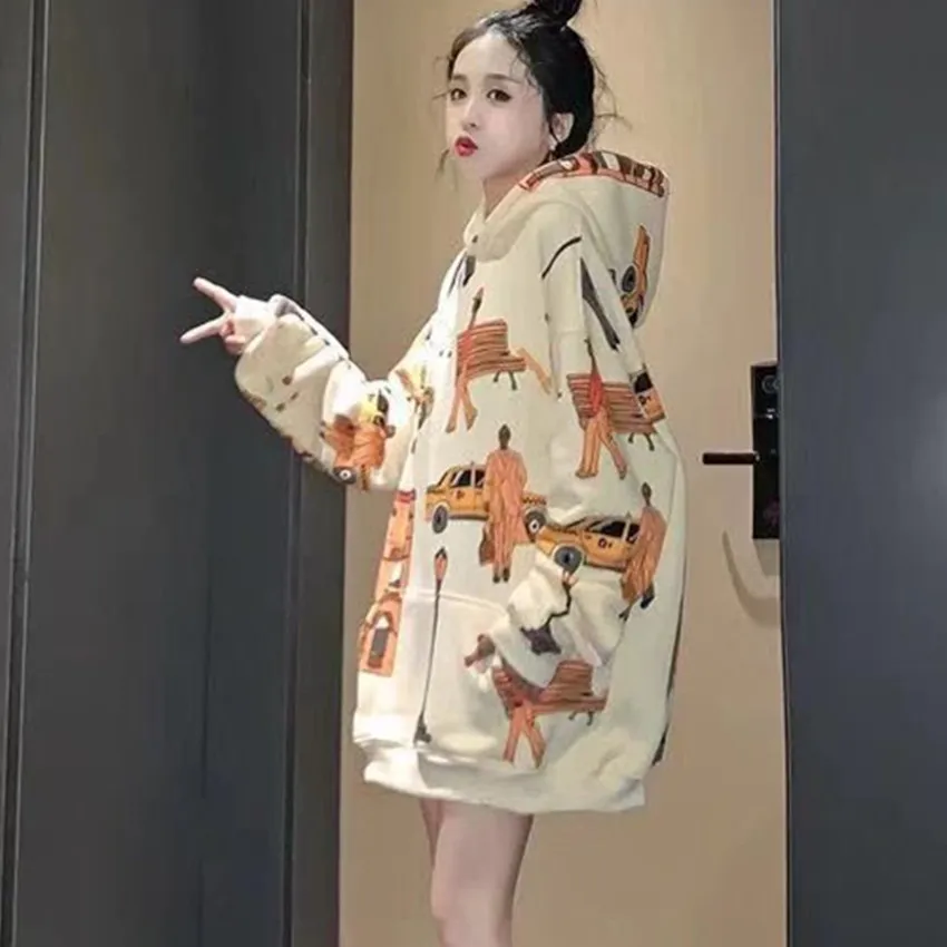 

Hoodies Women Cartoon Printed Oversize Velvet Thick Long Sleeve Harajuku Streetwear Womens Sweatshirt Daily Casual Fashion Kpop