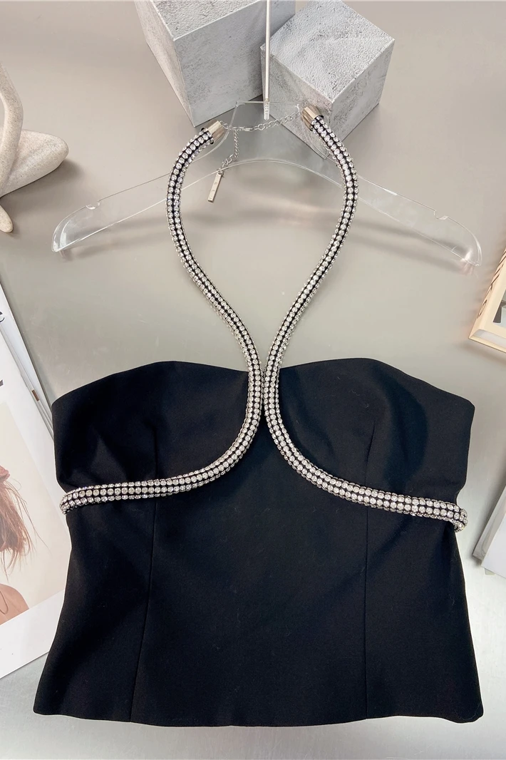 

Women Summer Sexy Sleeveless Crop Tops 2021 New Hot Sexy Strap Tank Top Women Rhinestone Halter Tube Top Vest Shirt Female Vests