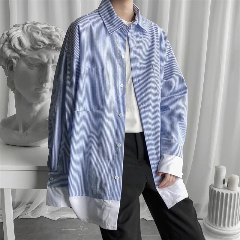 

2020 Spring And Autumn New Regular Stitching Vertical Striped Long-sleeved Shirt Fashion Casual Loose Shirt Gray / Pink / Blue
