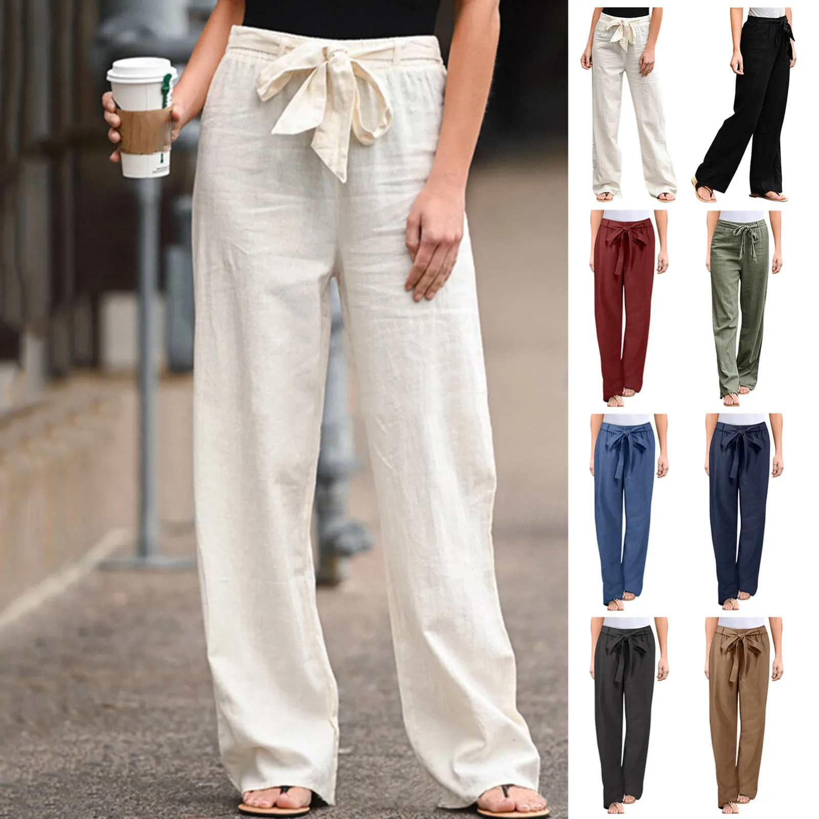 

2021Women Pants Linen Cotton Casual Pants Solid Harajuku Green Trousers Summer Female Ankle-length Length Pants