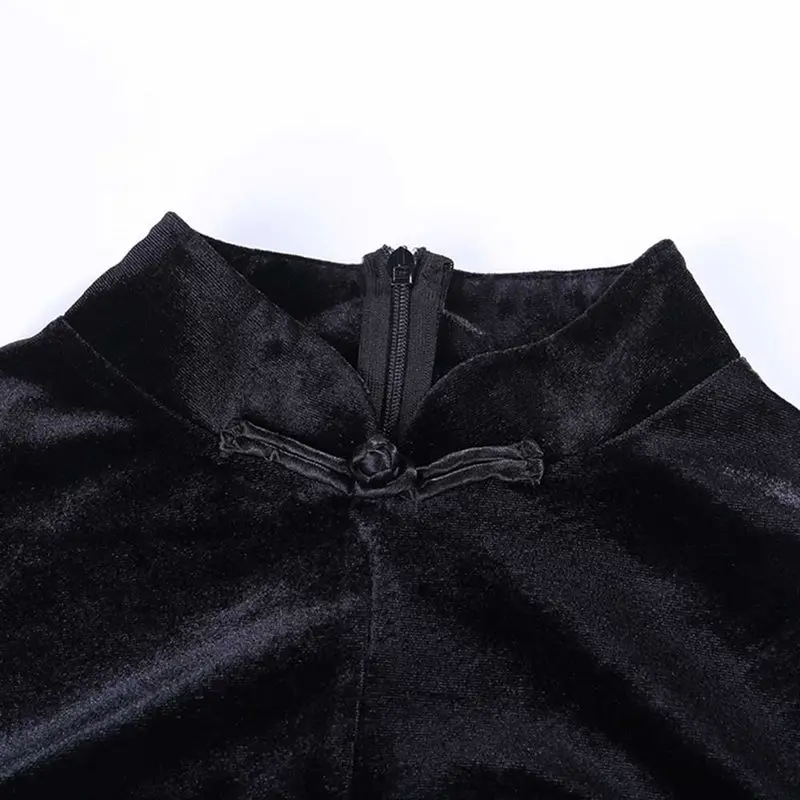 Gothic Black Chinese Cheongsam Dress Women Velvet Long Sleeve Sheath Button Up Slim Sexy Punk Elegant Back Zip Dresses 2019 Fall | Женская