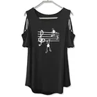 Женская футболка с принтом музыкальных нот, модная ажурная футболка с открытыми плечами в стиле Харадзюку, подарок для любителей музыки, 2020