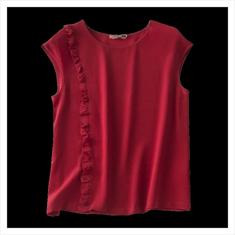 

Silk Sleeveless Ruffled Shirt Women's 2020 Fashion Burgundy Sweet Fungus Collar Silk Sleeveless Shirt