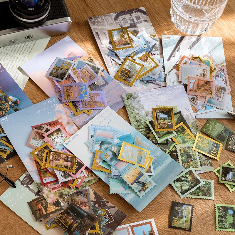 

40 pcs World Travel Bronzing Stamp Stickers Retro INS Nordic landscape Bullet Journaling Accessories Scrapbooking DIY Stationery